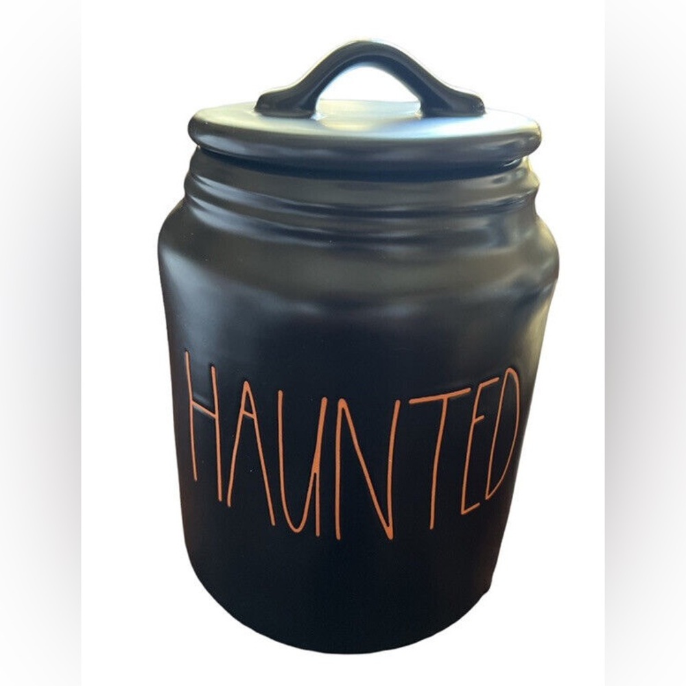 “Rae Dunn” “HAUNTED” Canister,NR 2022 Halloween, black w/orange lettering, VHTF.